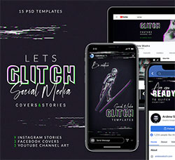 UI设计－15个故障风格的社交媒体界面PSD模板：Glitch Social Media Templates